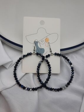 Faceted Beaded Navy Blue & Silver Hoop Earrings